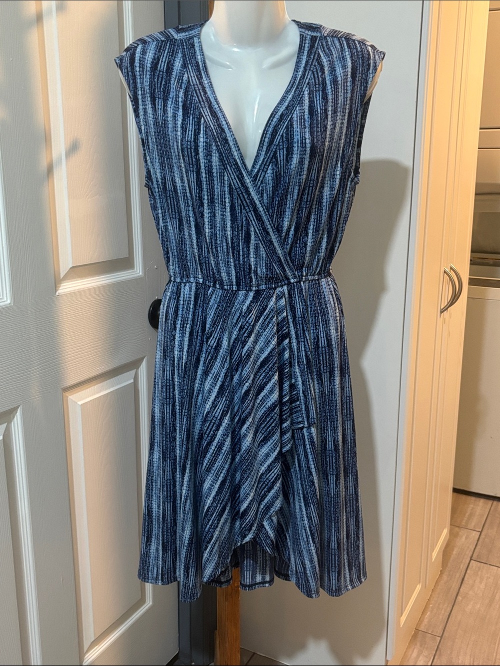 Blue Striped V-Neck Faux Wrap Dress